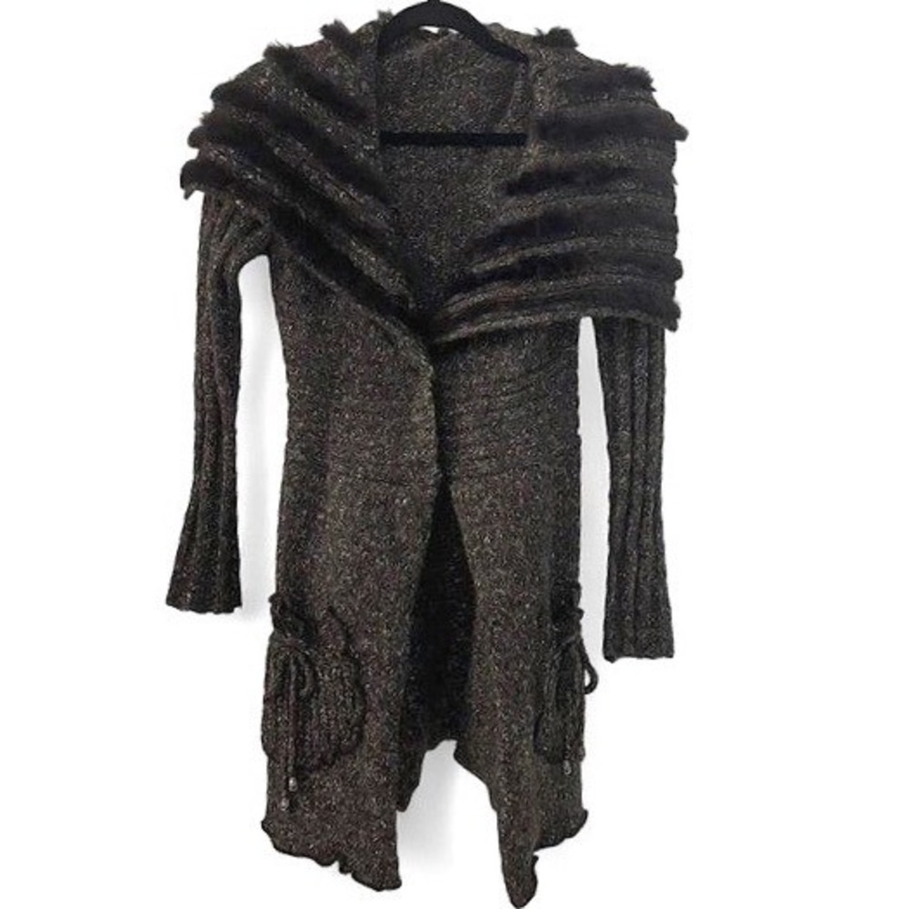 Vintage Y2K Mohair Wool‎ Blend Faux Fur Collar Cardigan Brown Gray Whimsigoth S